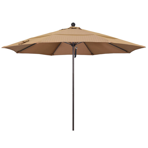 A brown California Umbrella with a bronze pole and tan Terrace Sequoia fabric.