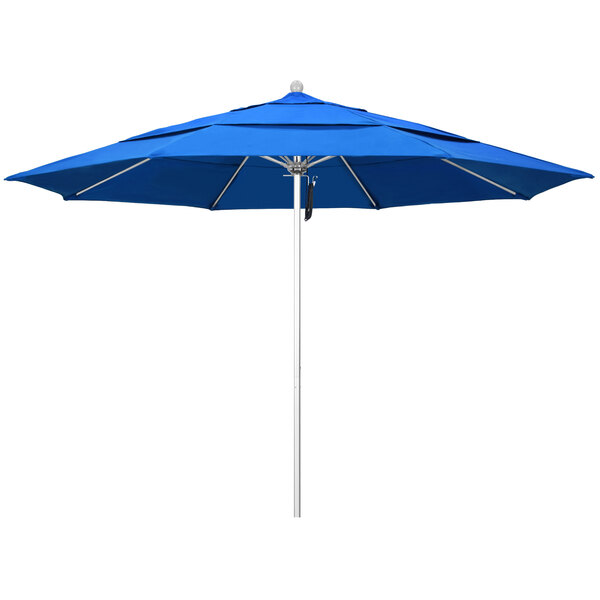 A close-up of a California Umbrella with royal blue fabric.