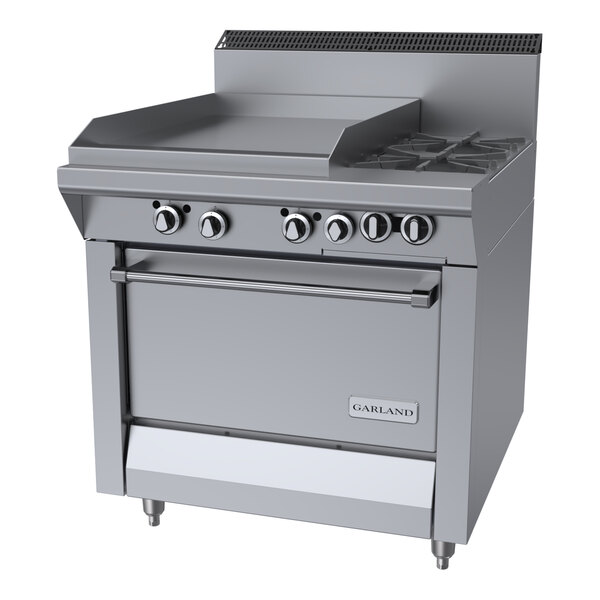 A commercial stainless steel range with two burners, a 23-inch griddle, and a standard oven.