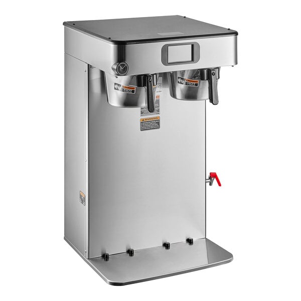 A black and silver stainless steel Bunn commercial coffee machine with two dispensers.