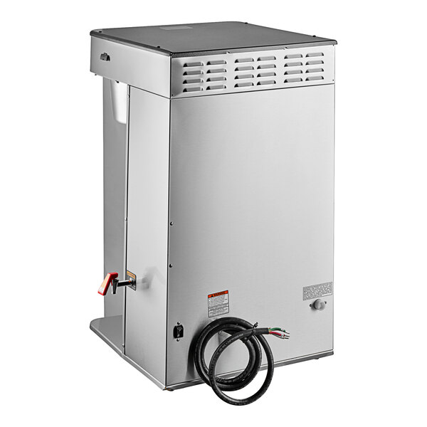 A large rectangular black and silver coffee machine with a black hose.