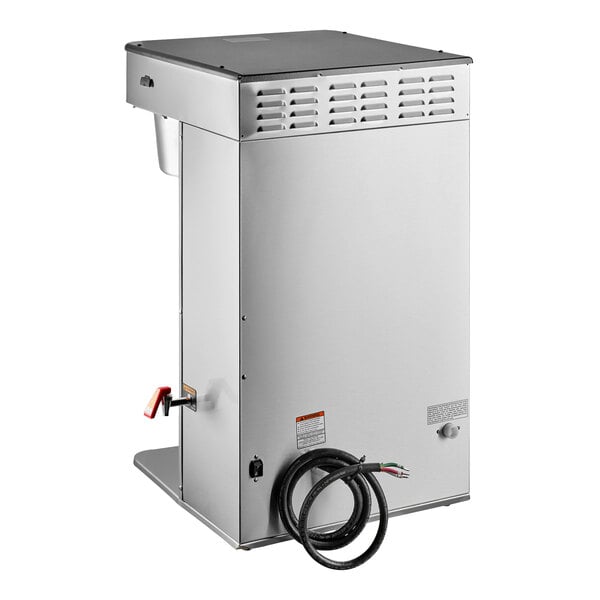 A commercial twin automatic coffee brewer with a stainless steel exterior and attached power cord.