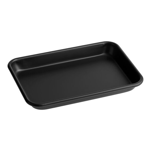 A black non-stick eighth size aluminum bun or sheet pan with a wire in rim, measuring 6 1/2 by 9 1/2 inches.