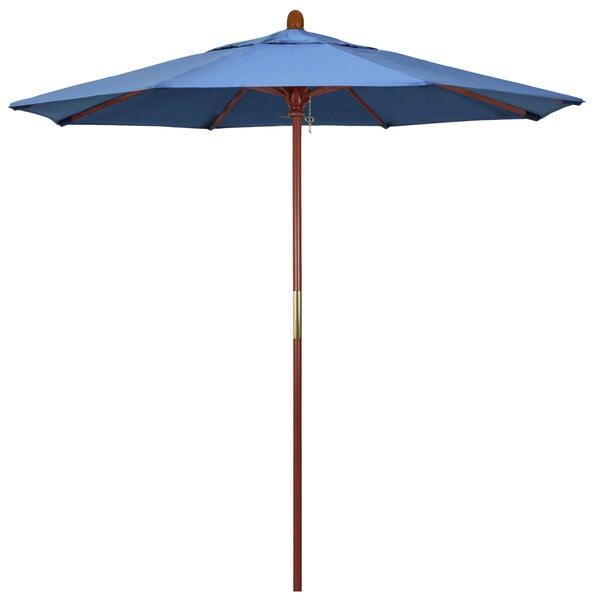 A blue California Umbrella with a wooden pole on a white background.