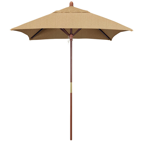 A brown umbrella with a Sunbrella linen sesame canopy and a wooden pole.