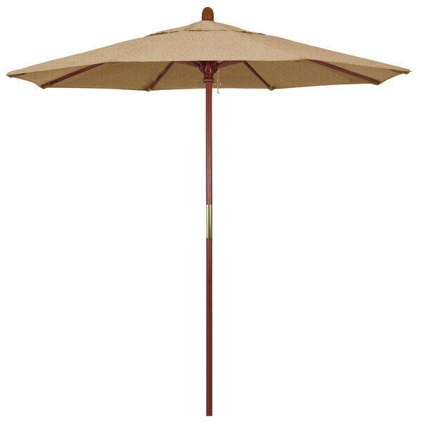 A California Umbrella with a woven tan canopy and a hardwood pole.