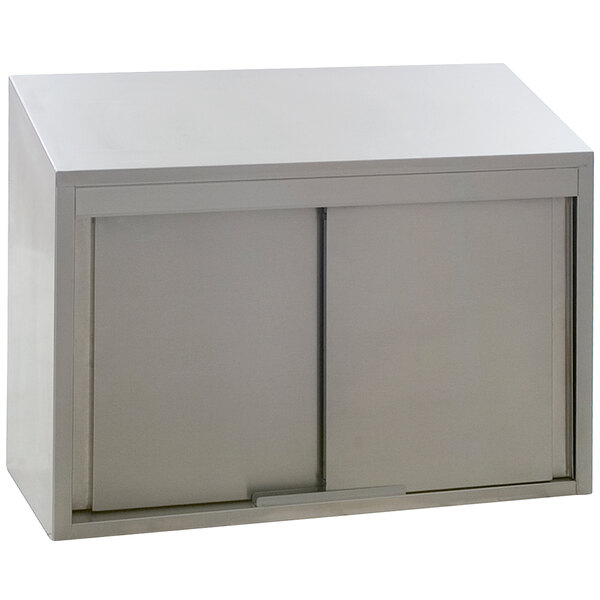 A stainless steel Eagle Group wall cabinet with sliding doors.