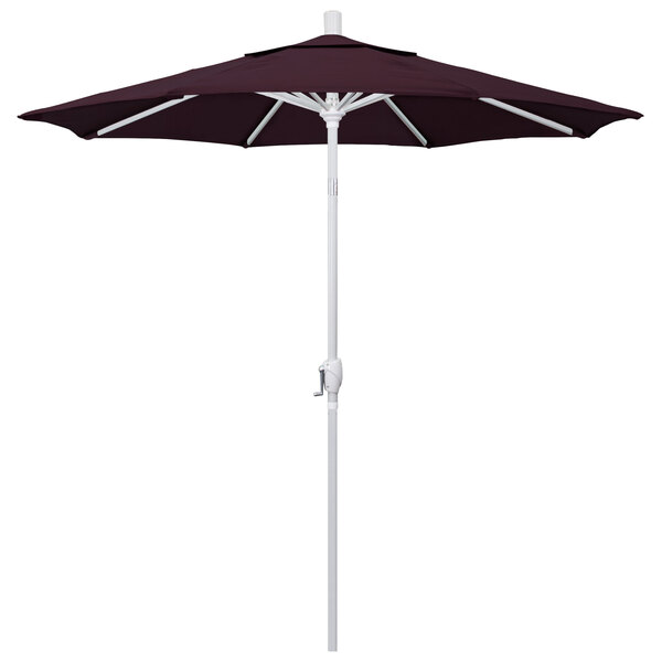 A close-up of a purple California Umbrella with a white pole.