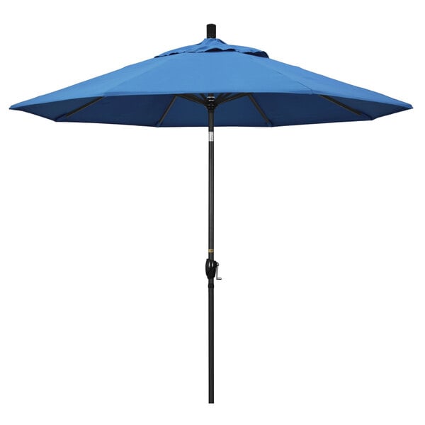 A blue California Umbrella with a black pole and handle.
