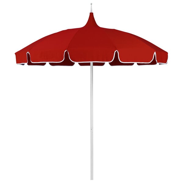 A red California Umbrella with white trim on the canopy.