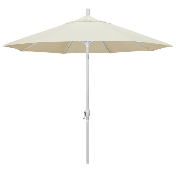 A white umbrella with a matte white aluminum pole.