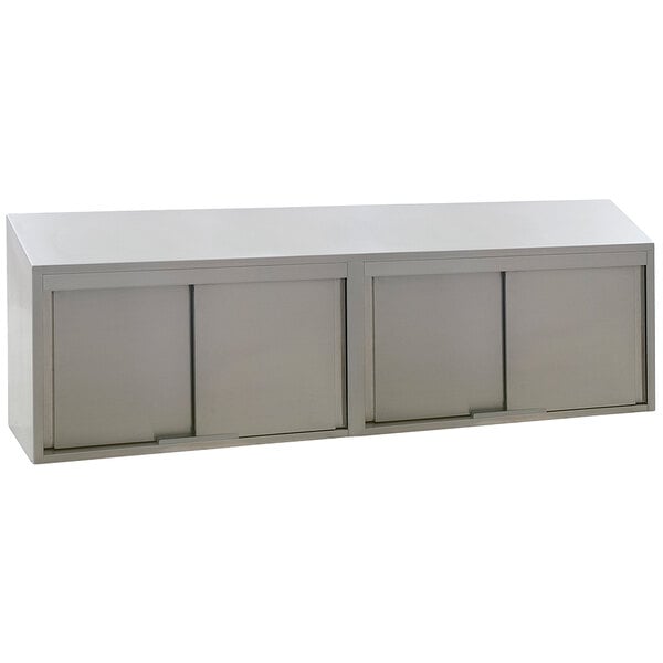 A stainless steel wall cabinet with sliding doors.