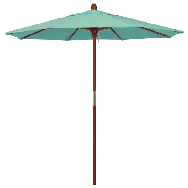A blue California Umbrella with a Sunbrella canopy and a hardwood pole.
