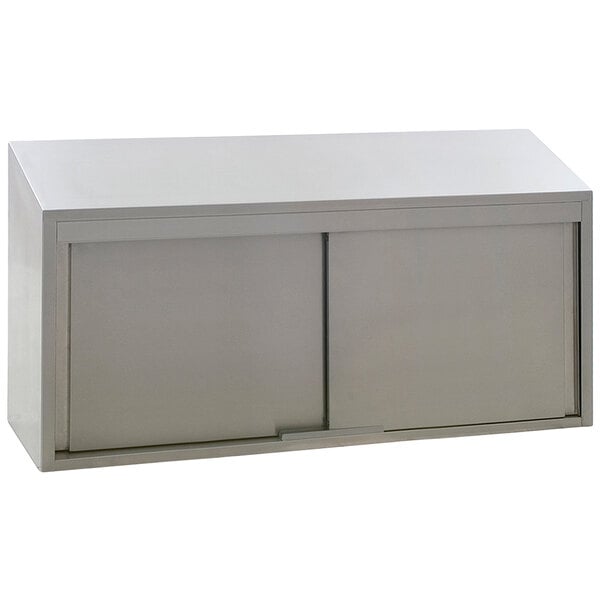 A stainless steel Eagle Group wall cabinet with sliding doors.
