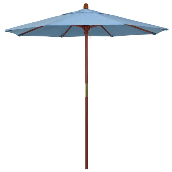 A California Umbrella blue Sunbrella canopy with hardwood pole.