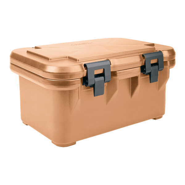 A coffee beige plastic box with a lid and two latches.