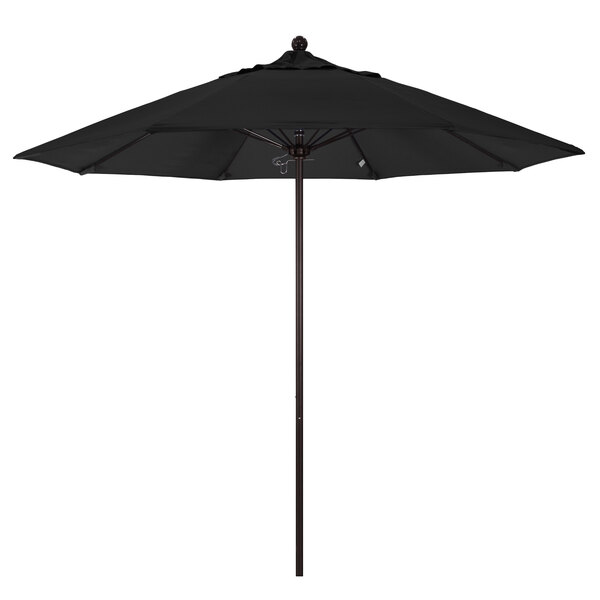 A black California Umbrella with a bronze aluminum pole on a white background.