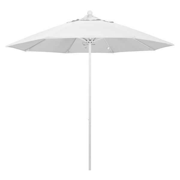 A close up of a white California Umbrella with a pole.