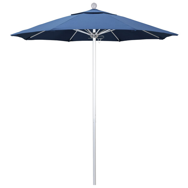 A California Umbrella frost blue round umbrella with silver pole on a white background.