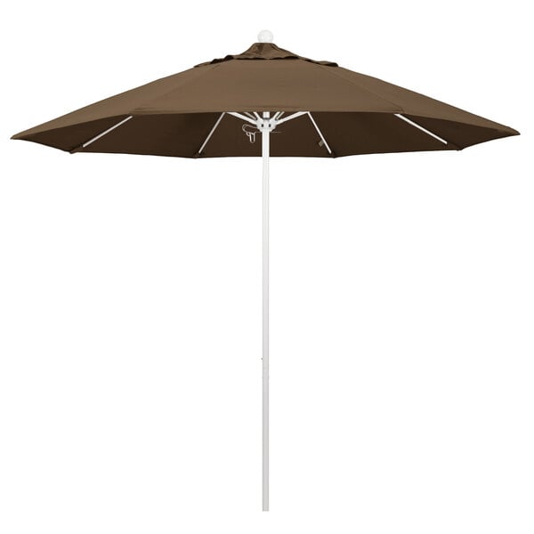 A close-up of a brown California Umbrella with a white pole.