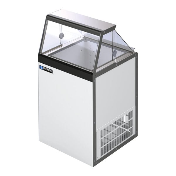 A white rectangular Master-Bilt ice cream dipping cabinet with a glass top and black accents.