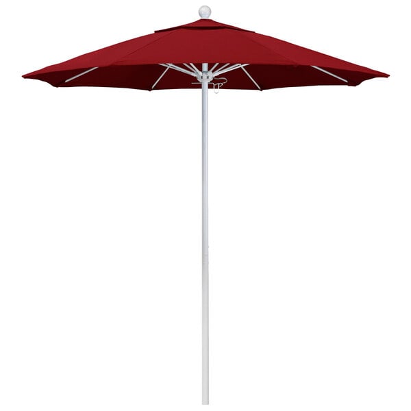 A red California Umbrella with a white pole.
