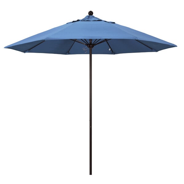 A frost blue California Umbrella with a bronze metal pole.