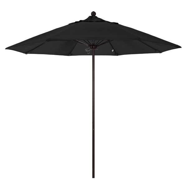 A black California Umbrella with a bronze pole on a white background.