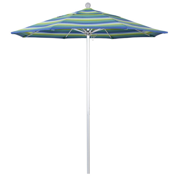 A close-up of a California Umbrella with blue and green stripes on a Sunbrella Seville Seaside canopy.