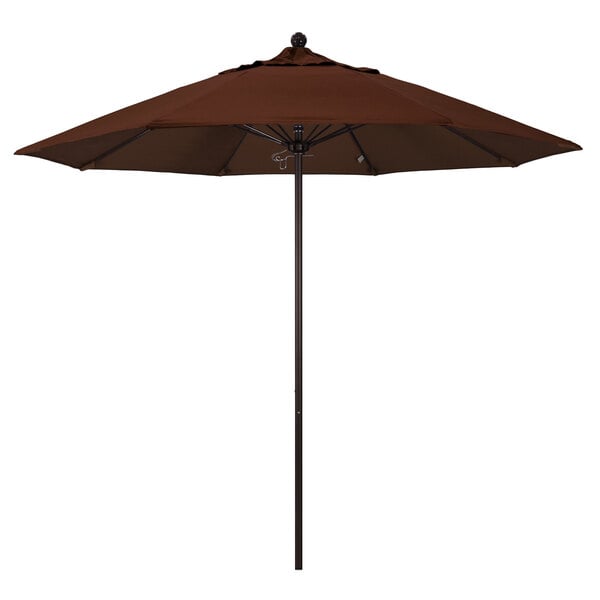 A close-up of a brown California Umbrella on a bronze pole.