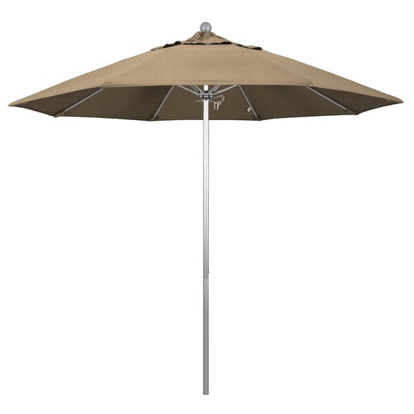 A California Umbrella ALTO 9' round outdoor umbrella with a Heather Beige Sunbrella canopy on a silver aluminum pole.