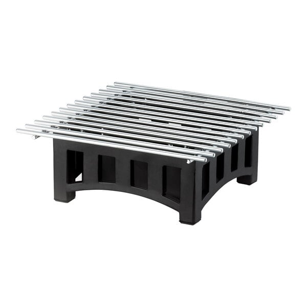 A black square chafer alternative with a metal grate top, measuring 12 inches by 12 inches by 7.5 inches.
