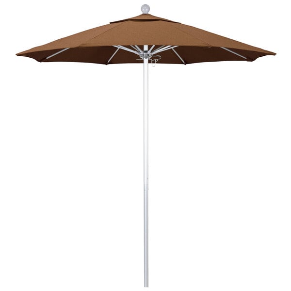 A close up of a brown California Umbrella with a Sunbrella canopy.