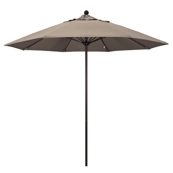 A California Umbrella ALTO 9' round taupe umbrella with a bronze pole.
