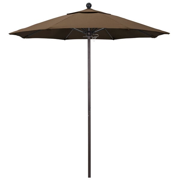 A brown California Umbrella ALTO round outdoor umbrella with a bronze pole.