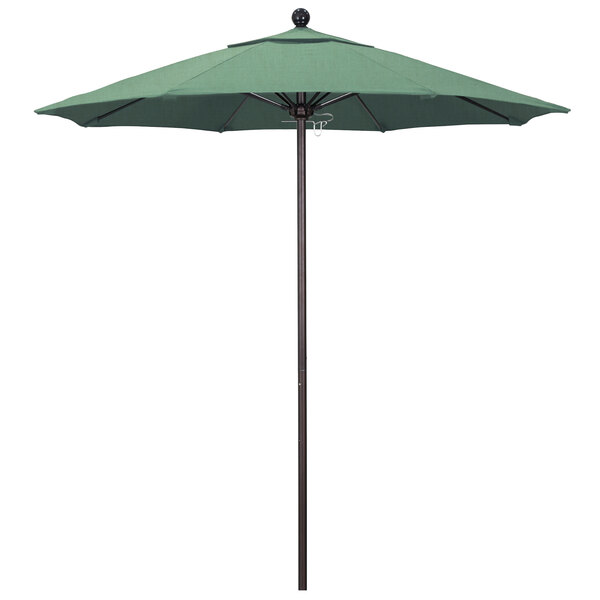 A green California Umbrella with a bronze pole.