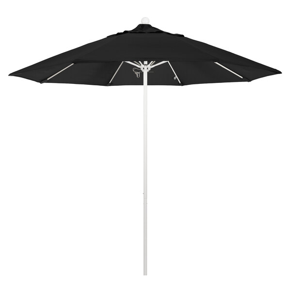 A black California Umbrella with a white pole.