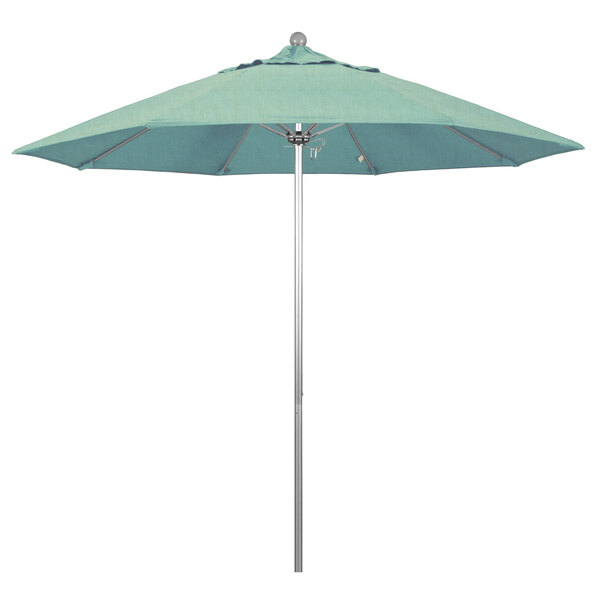 A blue California Umbrella with a silver pole and Sunbrella spa canopy.