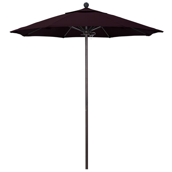 A California Umbrella with a purple Pacifica canopy on a black pole.