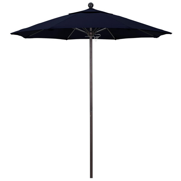 A black California Umbrella with a bronze pole and navy canopy.