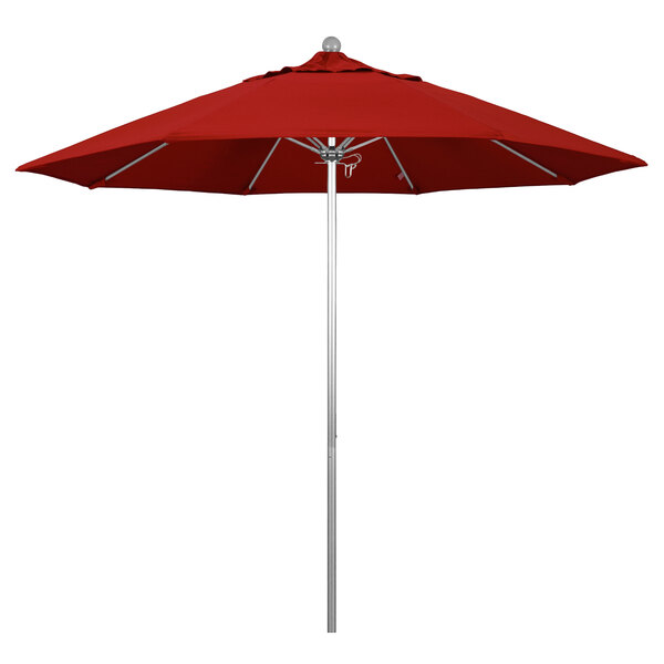A close-up of a red California Umbrella with a Pacifica canopy.