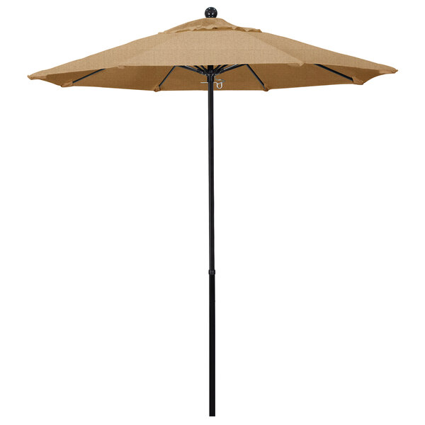 A California Umbrella with a Linen Sesame Sunbrella canopy on a black pole.