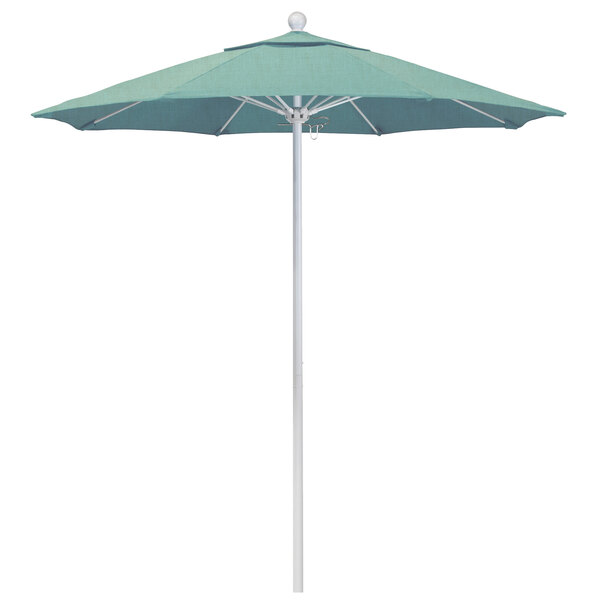 A blue California Umbrella with a green and white spa canopy on a white pole.