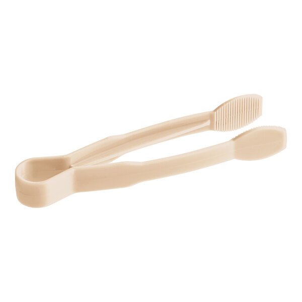 A pair of beige plastic tongs with flat grips.