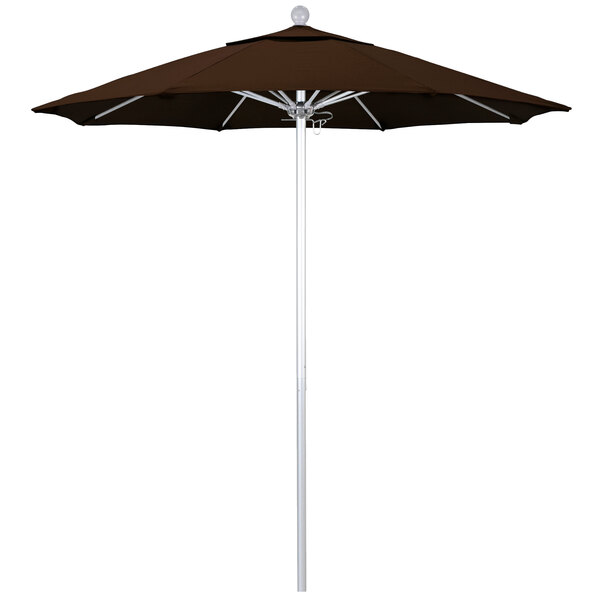 A close-up of a brown California Umbrella with a Pacifica Mocha canopy.