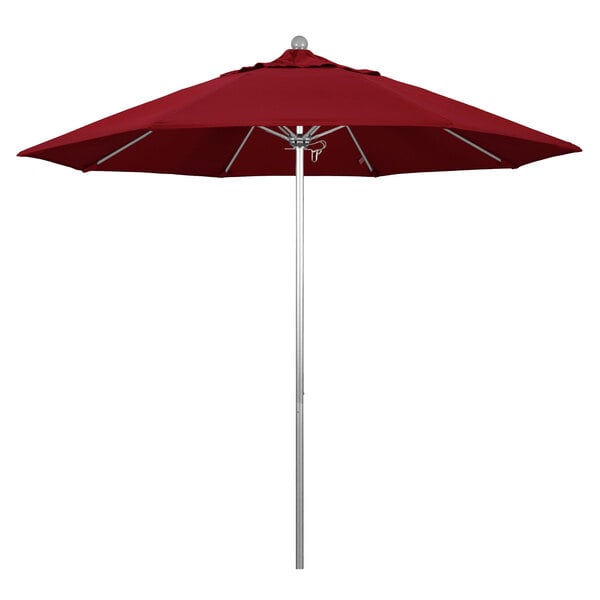 A close-up of a red California Umbrella with a white background.