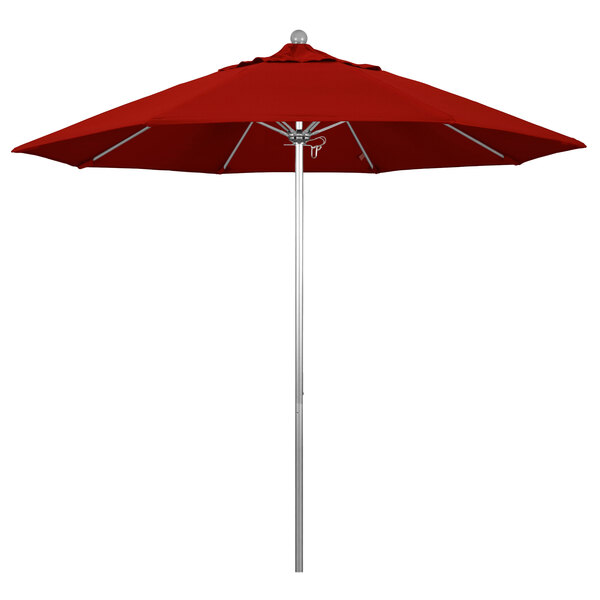 A close-up of a California Umbrella with a Jockey Red Sunbrella canopy.