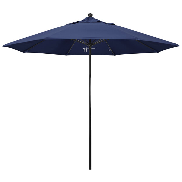 A navy blue California Umbrella with a fiberglass pole on a white background.