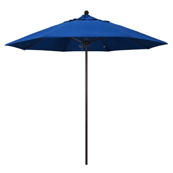 A California Umbrella ALTO round outdoor table umbrella with a Pacific Blue canopy and bronze pole.