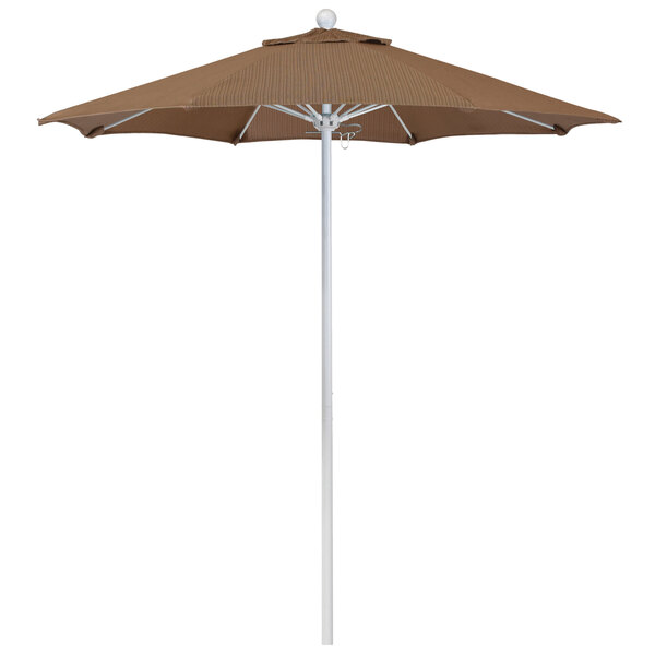 A close-up of a brown California Umbrella with a white pole.